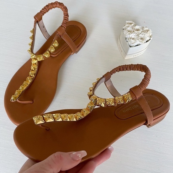 New Stuart Weiztman $450 Brown Leather Gold Rose Appliqué Thong Sandals Flats - Picture 5 of 12
